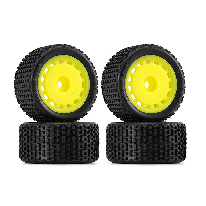 INJORA 4 Pneus & Roues Pré-montés Buggy 1/28 – Caoutchouc B1 Haute Traction – Compatible Losi Micro-T – Blanc/Jaune/Magenta