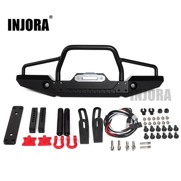 Metal Front Bumper with LED Lights and Tow Hooks for 1/10 RC Crawler - INJORA