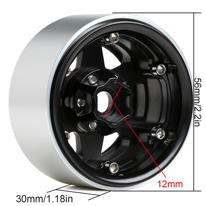 6-spoke Silver and black Beadlock Wheel Rim back with size markings